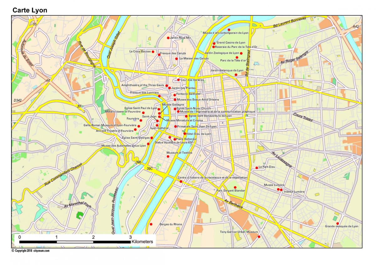 Lyon toeriste-aantreklikhede kaart